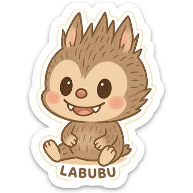 Labubu character, sitting, smiling, simple background sticker