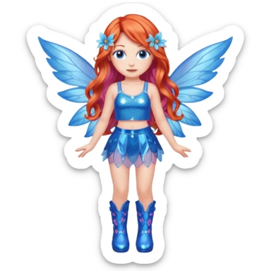 Bloom’s season 1 fairy form features long wavy red-orange hair, blue eyes, a sparkly blue crop top and mini skirt, translucent pink and blue wings and high blue boots  sticker