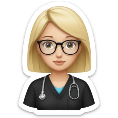 A girl in black scrubs with a blonde bob and glasses minus stethoscope  sticker