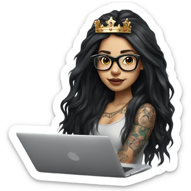 Hyperrealistic girl with black long hair wearing a crown and glasses tattoos laptop sticker