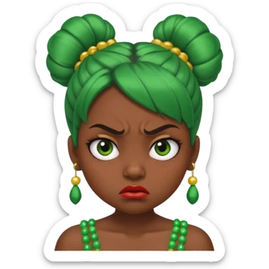 Create a 3D cartoon-style girl character with dark skin, round face, angry expression, big wide eyes, and tightly styled double buns made of green beaded hair. The girl should look irritated, eyebrows sharply angled, and lips pressed in a frown. sticker