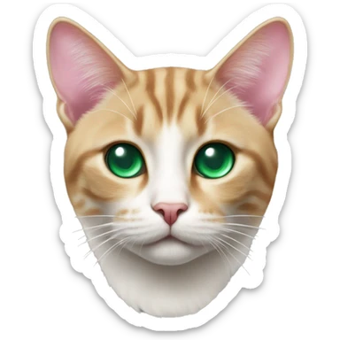 a cat with a white triangle on its face and the letter M on its forehead, with a pink nose and emerald eyes sticker