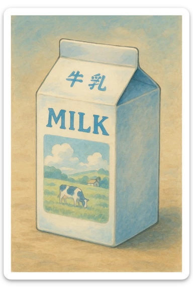 milk carton, soft shading, gentle colors, white and blue sticker