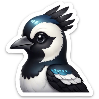 Cinematic Cute Magpie Portrait Emoji, Head tilted playfully and inquisitively, featuring a compact, elegant form with glossy, contrasting black and white feathers and round, sparkling eyes full of playful charm, Simplified yet irresistibly adorable features, highly detailed, glowing with a warm, inviting glow, high shine, affectionate and lively, stylized with a touch of whimsical urban flair, soft glowing outline, capturing the essence of a mischievous yet endearing magpie that seems as if it could flit out of the screen into your arms! sticker