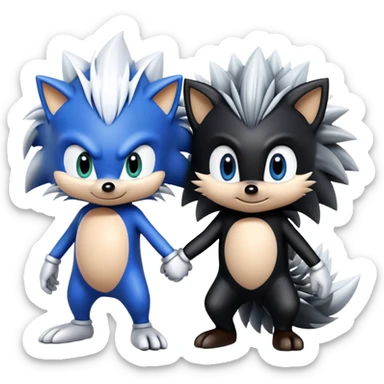 Blue Sonic the hedgehog, black Shadow the hedgehog, and small baby Silver the hedgehog holding hands together in a row sticker