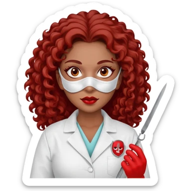 Scary woman scalpel in hand, evil surgeon sexy surgeon clothes.  She has red eyes. Her  brown long curly hair. Wears sexy doctor outfit with red gloves. make her hair free and brown but have mouthy  wear  mask  to hide. Wears white surgeon jacket and  has lon* brown hair. sticker