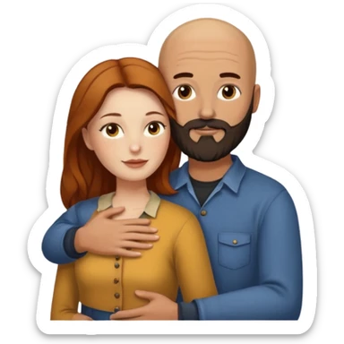 Couple. Bald man with dark brown-black beard. White woman with many small, faded freckles, she has white skin and she has auburn-yellow-brown-cinnamon, dark long hair. She has light brown eyes. The man have hazel eyes. Retro style. They hug. sticker