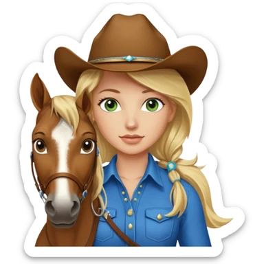 una cowgirl bionda con occhi azzurri/verdi sopra un quarter horse con criniera marrone sticker