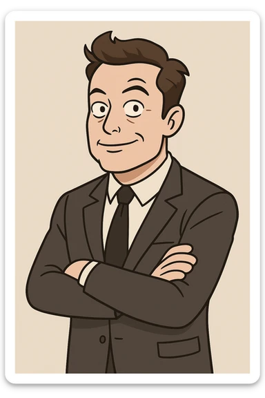 Elon Musk as a cartoon character, business attire, confident expression, clean background sticker