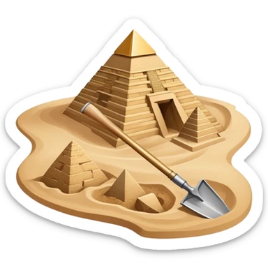 An icon showing archaeological tools like a trowel, brush, and pickaxe placed on sandy ground, with an Egyptian pyramid in the background. The design symbolizes excavation and discovery of ancient history, blending tools and iconic landmarks. Transparent background. sticker