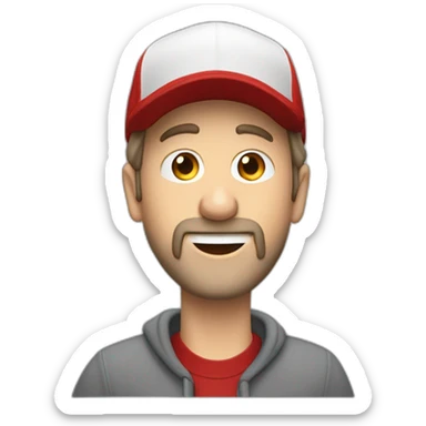 Beardless forty-something white man with a red cap and a red sweatshirt sings into a microphone sticker