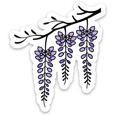 Artistic Japanese wisteria (fuji) flower with sumi-e inspired brush strokes, hanging lavender bloom clusters, zen minimalist aesthetic with subtle ink wash background sticker