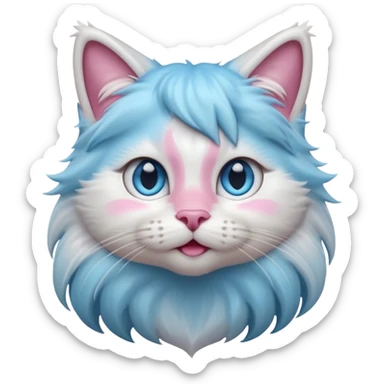 A cute fluffy long-haired cat face emoji, grey and white bicolor fur, thick white mane around the neck, stunning icy blue eyes, pink nose, long whiskers, looking up slightly, soft lighting, 3D Apple style emoji, high detail. sticker