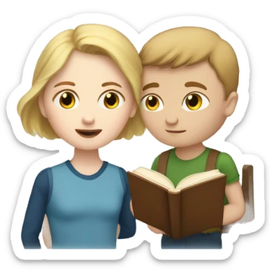 a woman with brown hair and pale skin site and read a book to a young boy with pale skin and blonde hair sticker