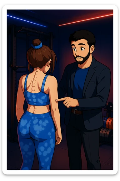 ispirati a questo stile di disegno e fai questa immagine in versione manga/webtoon a colori, il manga mostra la donna di spalle, mentre l'uomo le tocca la spina dorsale per spiegarle come funziona la scoliosi:
Con una scoliosi il baricentro corporeo cade maggiormente da un lato; per non cadere la schiena compensa accumulando tensione sul fianco opposto.
Il risultato? Si inclina e ruota sempre più, fino a che non cede (discopatie, artrosi, ecc) sticker