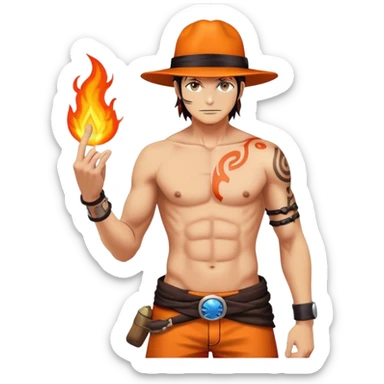 Portgas D. Ace with orange hat, shirtless with ASCE tattoo, fire powers sticker