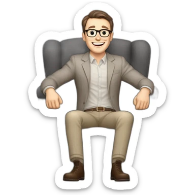 Joyful Celebrating victory Hands up Pale skinned Fit Man With dark brown hair in gray jacket, beige office shirt, Brown pants and vintage glasses sitting In a soft chair sticker