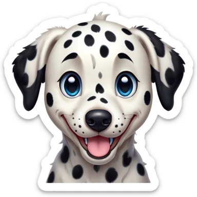 Cinematic Comical Spotted Dalmatian Portrait Emoji, Head tilted dramatically with an exaggeratedly shocked or amused expression, featuring a striking Fur of predominantly white with vivid black patches, wide, expressive blue eyes filled with playful disbelief, Simplified yet hilariously expressive features, highly detailed, glowing with a slightly sassy glow, high shine, dramatic yet playful, stylized with an air of cheeky charm, bright and endearing, soft glowing outline, capturing the essence of a spirited and over-the-top guardian, so meme-worthy it feels like it could side-eye its way into internet fame instantly! sticker