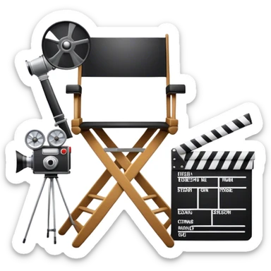 Icon for Directing: a director's chair, a film clapperboard, large movie camera, vintage megaphone and a stage with a spotlight. The icon should represent the creative and organizational aspects of directing, with focus on storytelling, staging, and performance. Transparent background. sticker