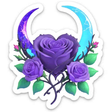 gothic heart made of translucent lavender glass, silver crescent moon, glowing violet roses, holographic stardust, neon cyan lightning, drenched and splintered glass sticker
