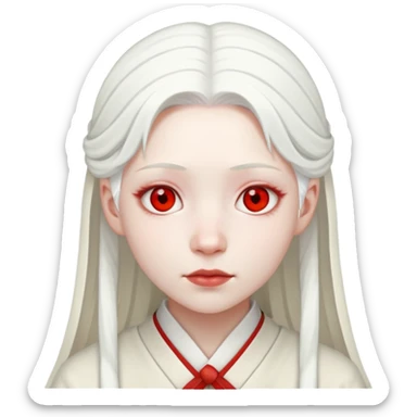 an albino shrine maiden, with white hair, red eyes and pale face sticker