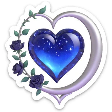gothic heart made of midnight blue glass with a silver crescent moon, tiny black roses, shimmering stardust, magical glowing aura, silver sparkles sticker