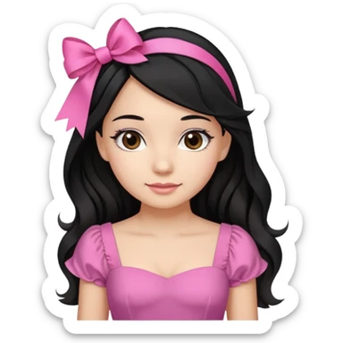 Beautiful girl with black hair in a half-up half-down hairstyle with pink ribbon tying the top half, waves at the ends, brown eyes, light skin, slight smile, and pink dress sticker