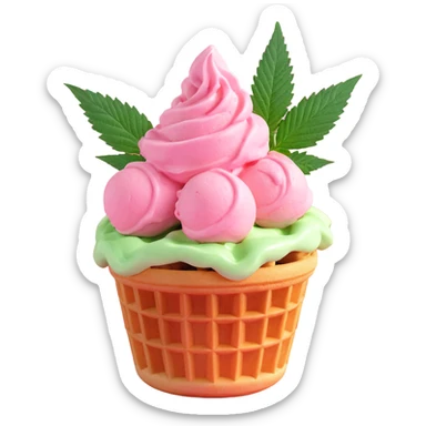 pink gelato in a waffle cup with cannabis leaf sticker