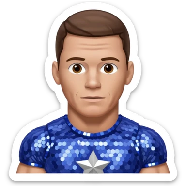 John Cena with brown hair, periwinkle sequin outfit sticker