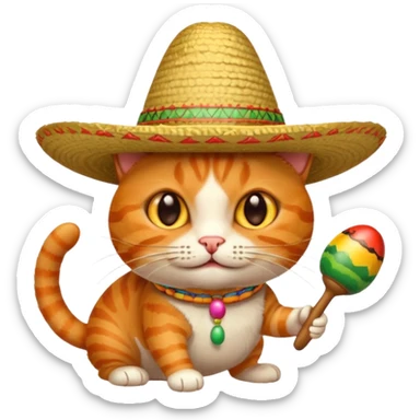 Orange cat with cockroach crawling on face while wearing sombrero and playing a maraca sticker