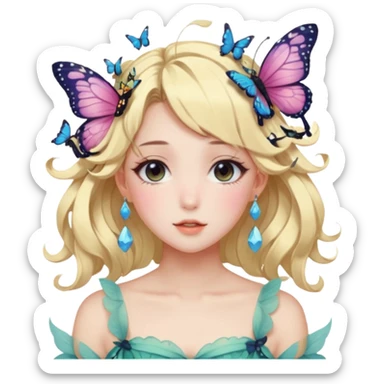 gorgeous shiny blushing anime lady with butterflies and beautiful hair fairycore high quality detailed vogue trending aesthetic sticker