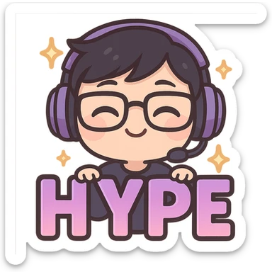Resize the emote to 112 by 112 pixels, keeping all details sharp and clear. Maintain the chibi style, purple gradient HYPE letters, cute details, purple headset, and glasses. Transparent background. sticker