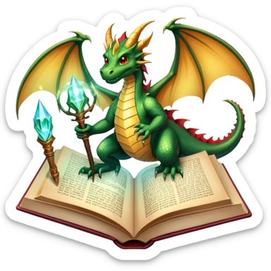 Icon for Fantasy and Sci-Fi Literature: a magical book with glowing pages, surrounded by a dragon, a spaceship, and a wizard with a staff. The icon should capture the adventurous and imaginative world of fantasy and science fiction. Transparent background. sticker