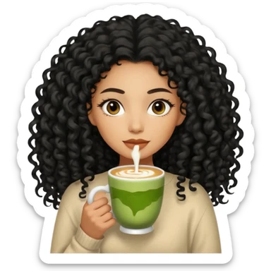 Mixed-race woman with caramel skin, long jet black curly hair , wearing a beige cashmere sweater, holding a cup of matcha latte sticker