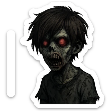 boy zombie with messy brown emo hair, medium length, dark and spooky, scary face sticker