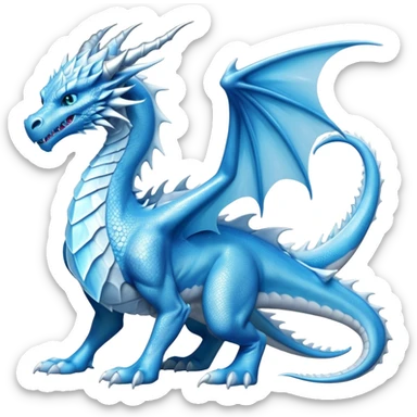 Cinematic Noble wise elegant Ice Dragon full body  Emoji, Poised and imposing, distinct long elegant snout, with a slender, scaled body shimmering in glacial hues of icy blue, frostbitten silver, and crystalline white, breathing out frost, with piercing, glowing ice blue white eyes that radiate the chilling depths of an arctic storm; rendered in detail. excuding wisdom sticker