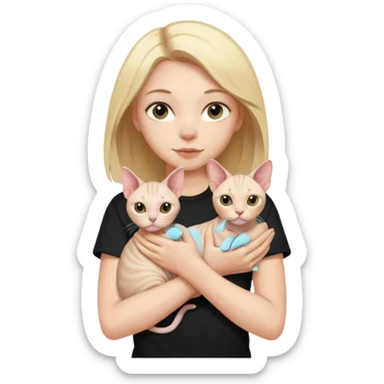 A white girl with light hair in black T-shirt is holding one Sphynx girl cat in her arms sticker