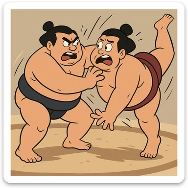 two sumo wrestlers fighting, dynamic action, expressive faces, energetic scene, cartoon style sticker