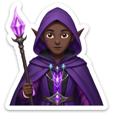 {
      "type": "human",
      "look": "dark elf wizard, black cloak, purple energy around staff",
      "description": "a dark elf wizard in a black cloak channeling purple energy around their staff"
    } sticker