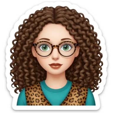 a blue green eyed woman with very long brunette curly hair, full lips,and pale skin. She is wearing a leopard printed thin round-ish glasses . She is wearing a brown top. sticker