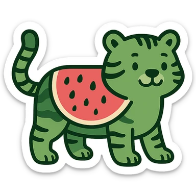 flat toon style green tiger with watermelon body sticker