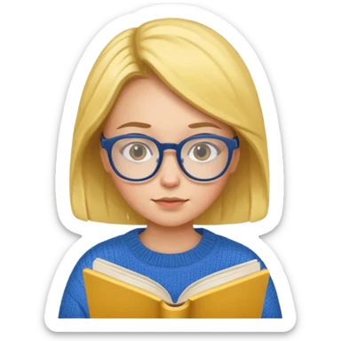 a girl with glasses wearing blue sweater reading a yellow cover book sticker