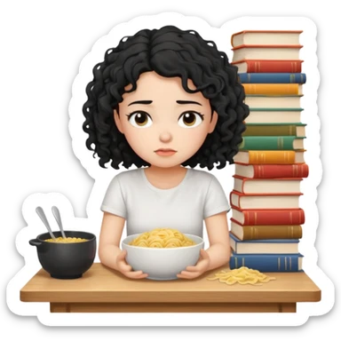 generate a pretty bratz fair skinned girl with curly black hair wearing a white tshirt sitting on a table with noodles and books. looking sleepy and tired and sad sticker