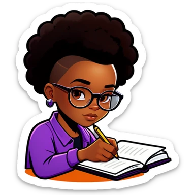 Black girl with glasses and a shaved sides haircut writing in a journal sticker
