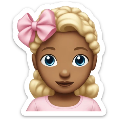 baby girl with blonde hair medium brown skin, blue eyes wearing a light pink dress onesie outfit with pink bow in hair  sticker