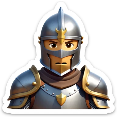 clash-of-clans-aesthetic_-cinematic-fearsome-and-majestic-knight-bust-portrait-emoji, rendered in a flat, vector-style with minimal shading and bold, simplified shapes, depicting a battle-ready medieval knight with steely eyes and intricate armor, mounted on a warhorse reflecting sunlight over a misty battlefield. sticker