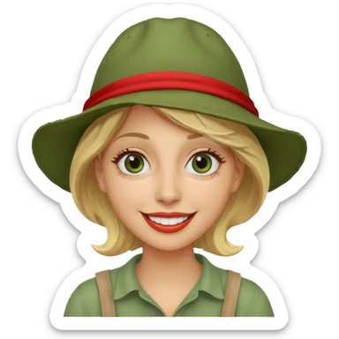 messy green clay mask and red tourist hat blond braided woman big eyes smiling and clay mask on face sticker