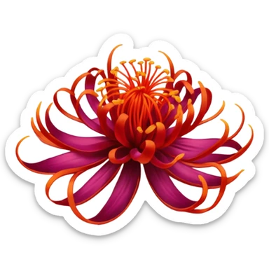 small delicate cluster of vivid red saffron threads with fine slightly curled strands and wispy tips, lightweight dry slightly glossy filaments, loosely arranged to highlight airy structure, soft lighting, subtle shadows, emoji scale sticker