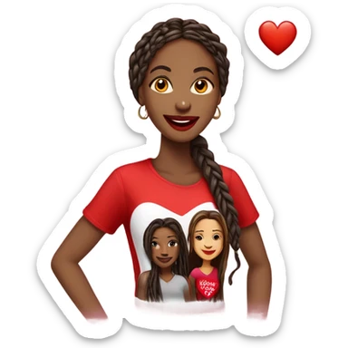 Light brown lady smiling, dark brown very long African braids, bright red lips, eyelashes, wearing red “happy Valentine’s Day” t shirt sticker