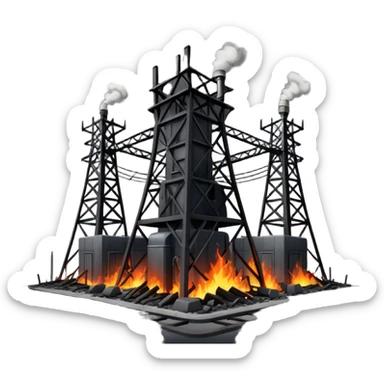 an exploded, destroyed electrical substation with towers sticker